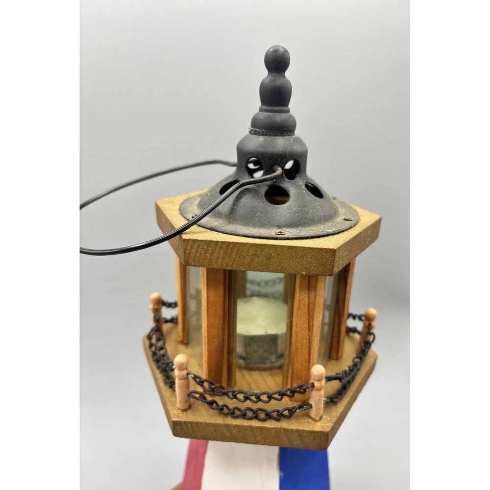 Vtg Wooden Lighthouse Candle‎ Holder Glass Panels Nautical Decor